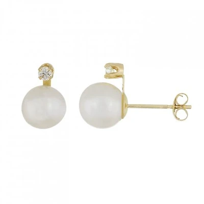 14K Yellow Gold 7-7.5mm Freshwater Pearl Stud Earrings with 0.10CTW Diamonds