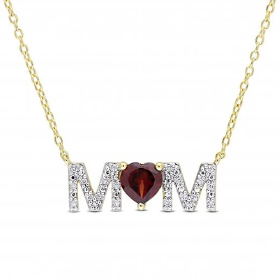 Julianna B Yellow Plated Sterling Silver Garnet & 0.10ctw Diamond Mom Pendant