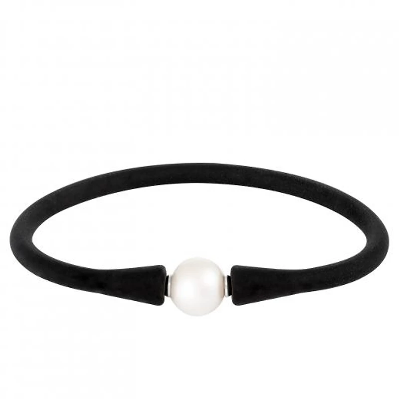Black Silicone White Freshwater Pearl 8" Bracelet