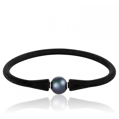 Black Silicone Black Freshwater Pearl 8" Bracelet