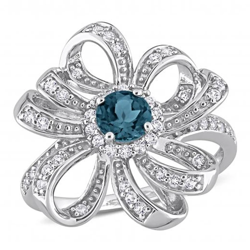 Julianna B Sterling Silver London Blue Topaz & White Flower Cocktail Ring