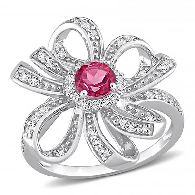 Julianna B Sterling Silver Pink Topaz and White Flower Cocktail Ring