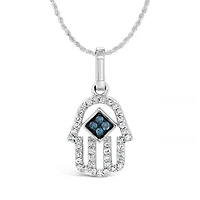 Sterling Silver 0.10CTW White & Blue Diamond Hamsa Pendant