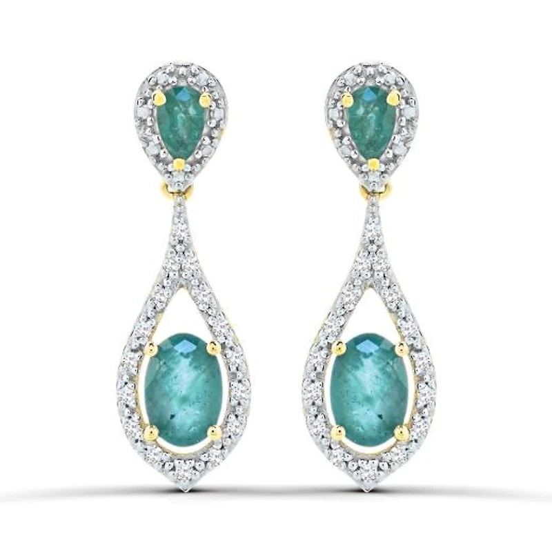 10K Yellow Gold Emerald and Diamond Dangle Earrings