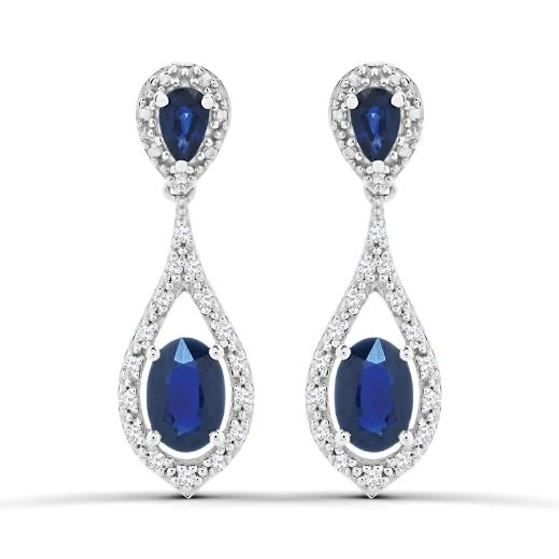 10K White Gold Blue Sapphire and Diamond Dangle Earrings