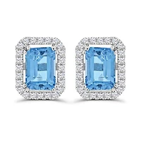 10K White Gold Swiss Blue Topaz & White Zircon Stud Earrings