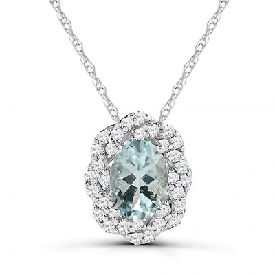 10K White Gold 18" Aquamarine and White Sapphire Pendant