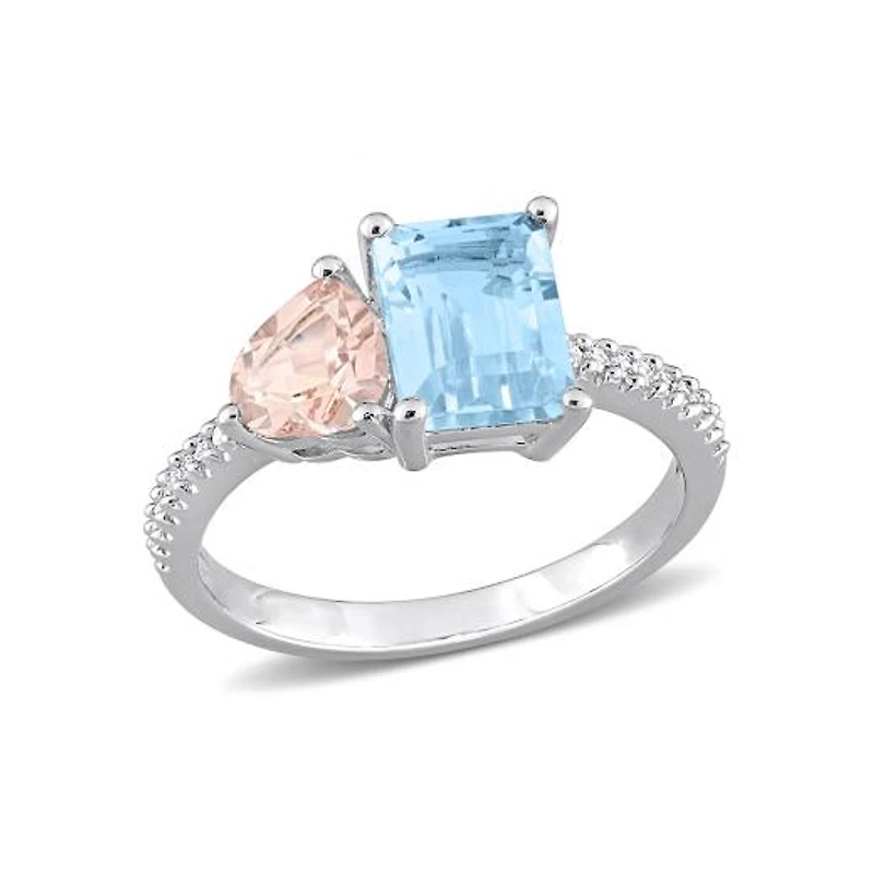 Julianna B Sterling Silver 0.10CTW Diamond, Blue Topaz & Morganite Ring