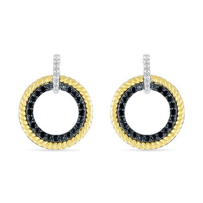 Sterling Silver & 10K Yellow Gold 0.23CTW Black Diamond Circle Earrings