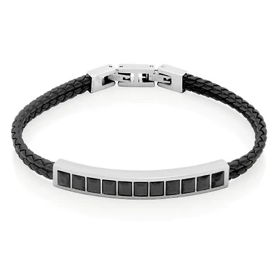 SteelX Stainless Steel 8.25+0.5" Black Cubic Zirconia Leather Bracelet