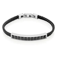 SteelX Stainless Steel 8.25+0.5" Black Cubic Zirconia Leather Bracelet