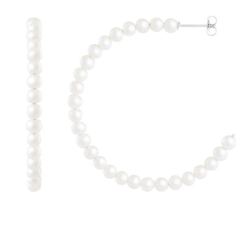 Sterling Silver 4-5mm White Freshwater Pearl Hoop Earrings