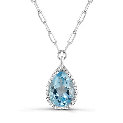 Sterling Silver Sky Blue Topaz and White Topaz Paperclip Link Necklace