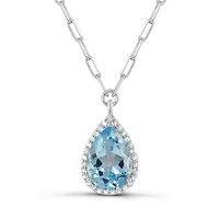 Sterling Silver Sky Blue Topaz and White Topaz Paperclip Link Necklace
