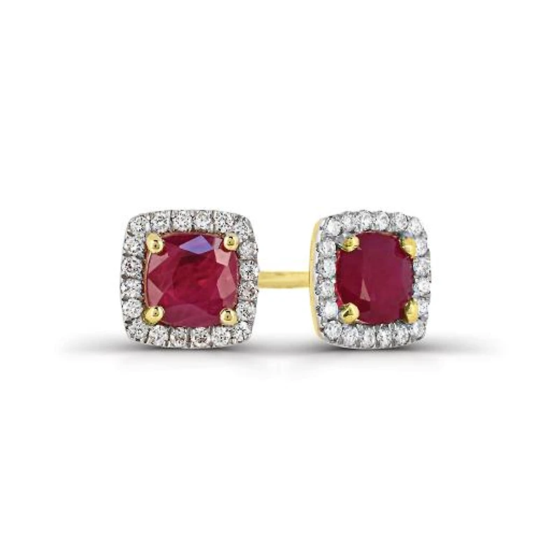 14K Yellow Gold Ruby and Diamond Halo Earrings