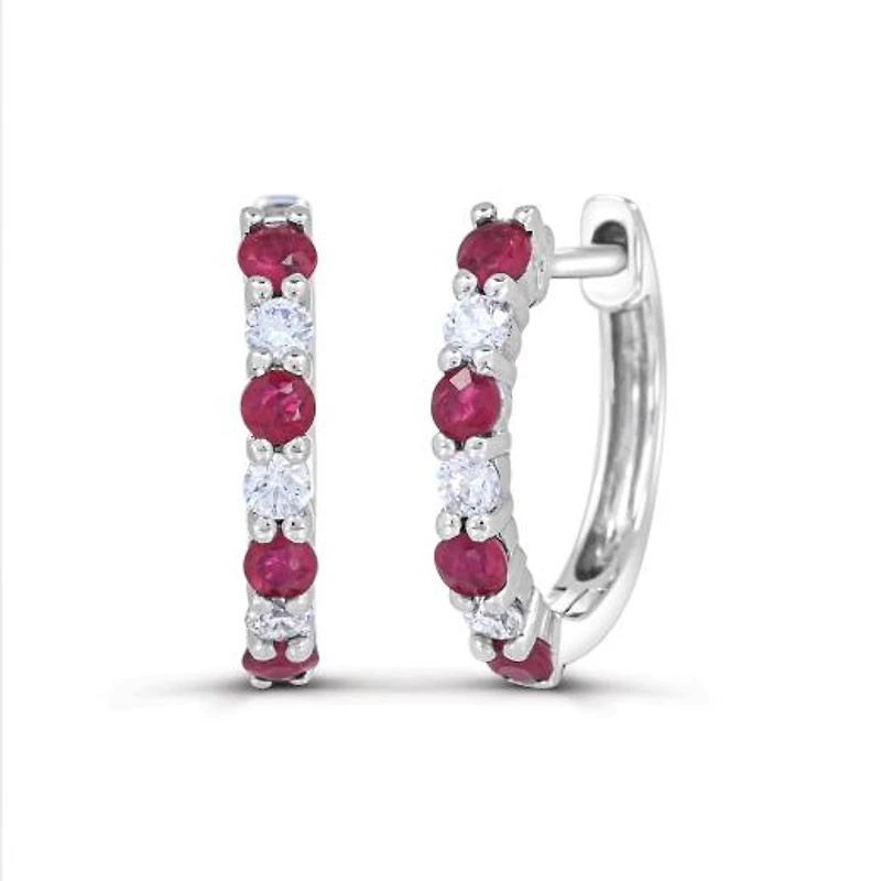 14K White Gold Ruby and Diamond Hoop Earrings