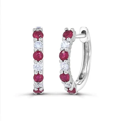 14K White Gold Ruby and Diamond Hoop Earrings