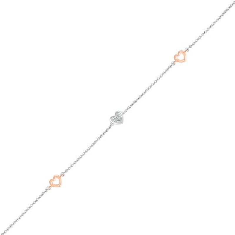 Bella Moda Sterling Silver & 10K Rose Gold Diamond Triple Heart Anklet