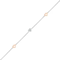 Bella Moda Sterling Silver & 10K Rose Gold Diamond Triple Heart Anklet