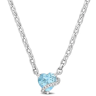 Julianna B Sterling Silver Heart Shape Blue Topaz and Diamond Necklace