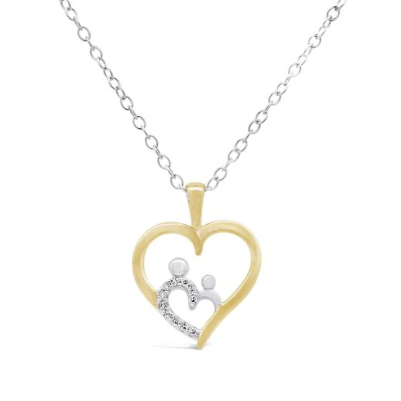 Sterling Silver Yellow Gold Plated Diamond Heart Mom and Child Pendant