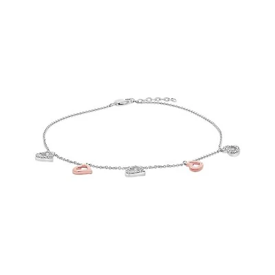 Sterling Silver and 10K Rose Gold Diamond Heart Ankle Bracelet