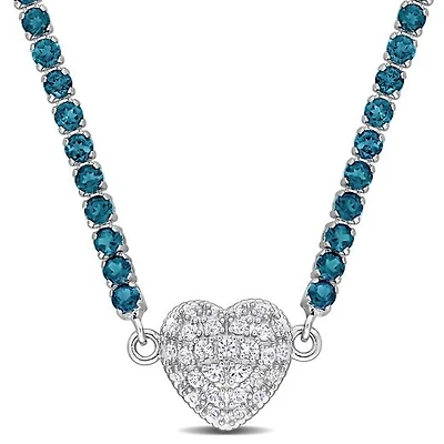 Julianna B Sterling Silver Blue Topaz and Created Sapphire Heart 17" Necklace