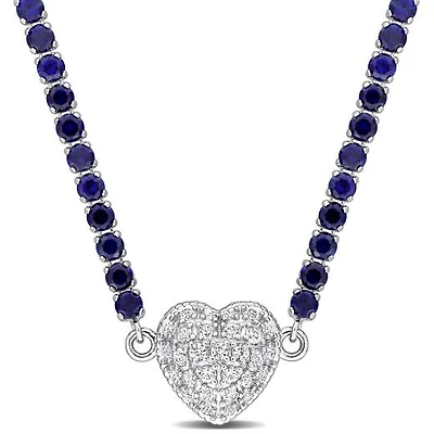 Julianna B Sterling Silver Created Blue Created Sapphire Heart 17" Necklace