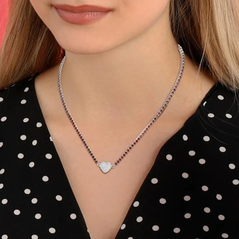 Julianna B Sterling Silver Garnet and Created White Sapphire Heart 17" Necklace