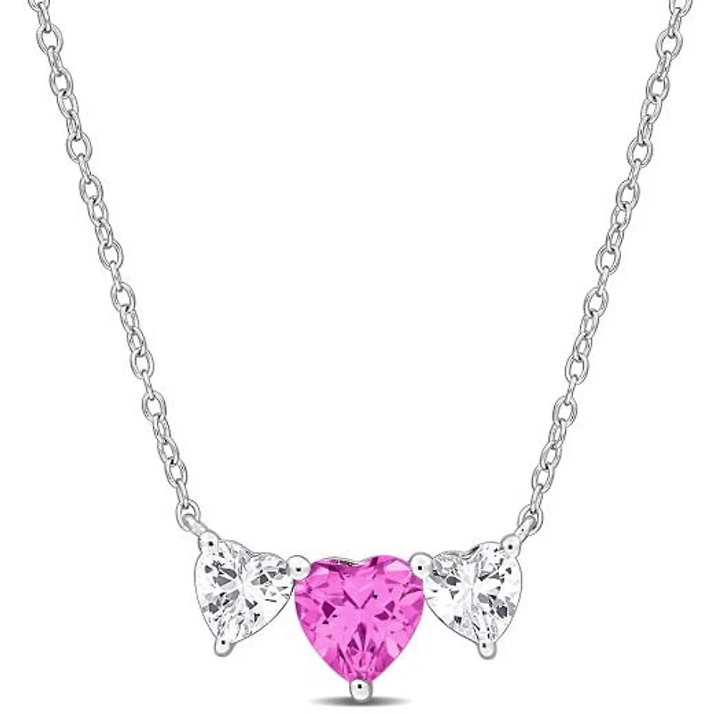 Julianna B Sterling Silver Created Pink Created White Sapphire Heart Necklace