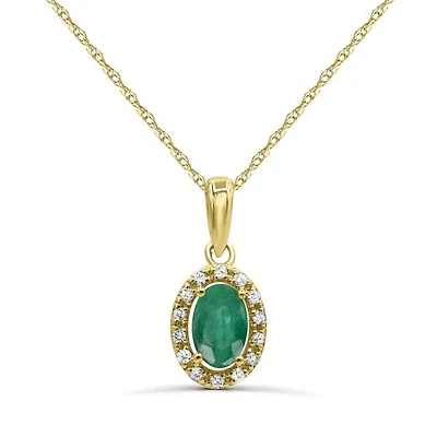 10K Yellow Gold Emerald & Diamond Halo 18" Pendant