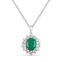 10K White Gold Emerald & Lab Grown Diamond Halo 18" Pendant