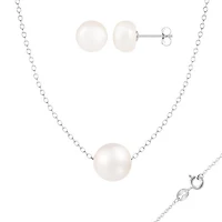 Sterling Silver 8-9mm 18" White Freshwater Pearl Pendant & Earring Set