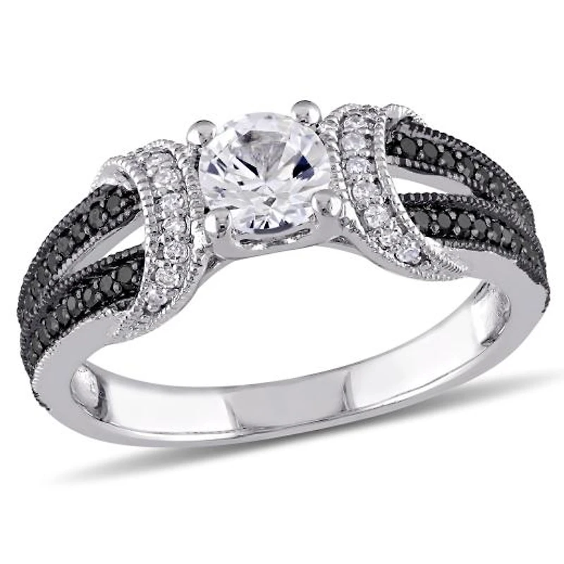 Julianna B Sterling Silver Created White Sapphire, Black & Diamond Ring