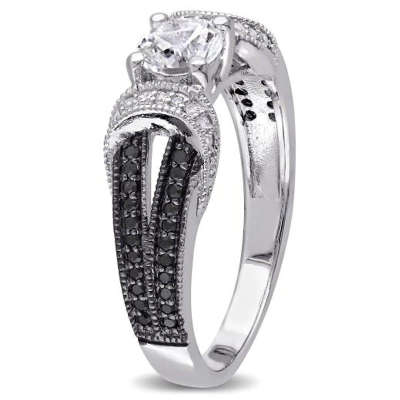 Julianna B Sterling Silver Created White Sapphire, Black & Diamond Ring
