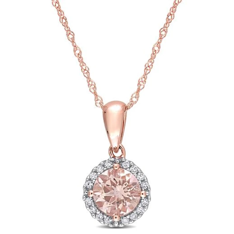 Julianna B 10K Rose Gold Morganite & Diamond Halo 17" Pendant