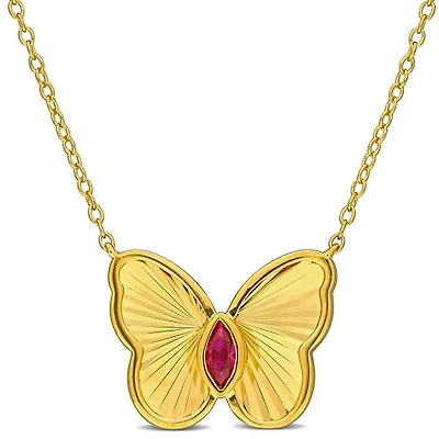Julianna B Yellow Plated Sterling Silver Created Ruby Butterfly 17" Pendant