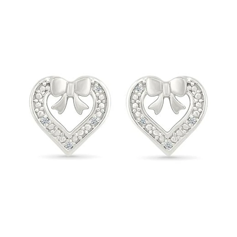 Diamond Heart & Bow Stud Earrings in Sterling Silver