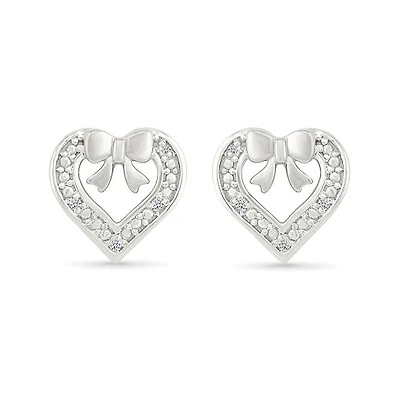 Diamond Heart & Bow Stud Earrings in Sterling Silver