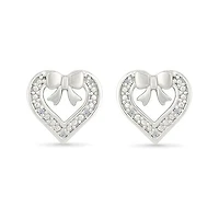 Diamond Heart & Bow Stud Earrings in Sterling Silver