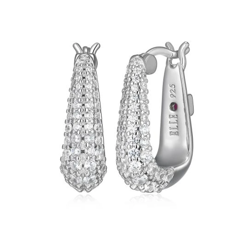 ELLE "Citadel" Rhodium Plated Cubic Zirconia Oblong Shape Hoop Earrings