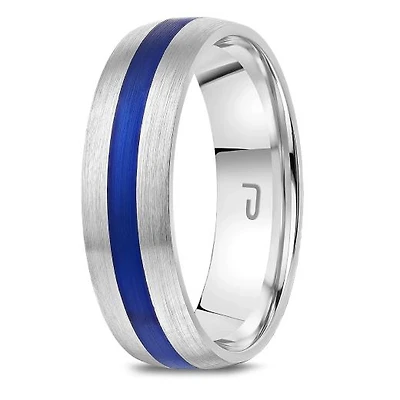 10K White Gold 6mm Carved Band with Blue Enamel
