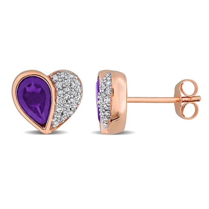 Julianna B 10K Rose Gold African Amethyst & Diamond Heart Stud Earrings