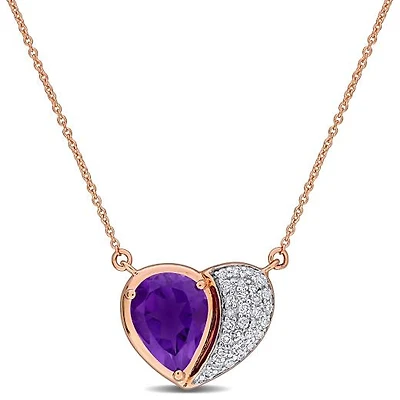 Julianna B 10K Rose Gold African Amethyst & Diamond 17" Heart Necklace
