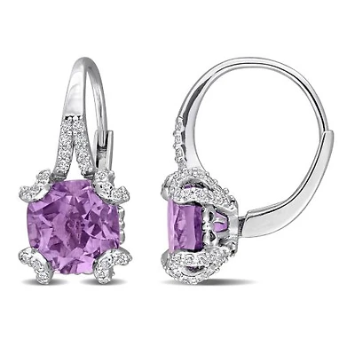 Julianna B Sterling Silver Amethyst and White Topaz Leverback Earrings