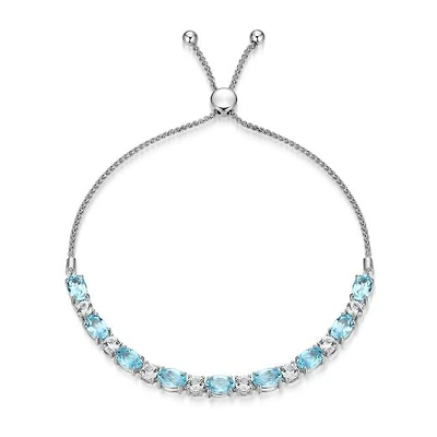 Sterling Silver Blue Topaz & Created White Sapphire Adjustable Bracelet