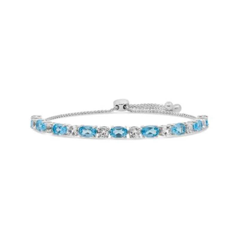 Sterling Silver Blue Topaz & Created White Sapphire Adjustable Bracelet
