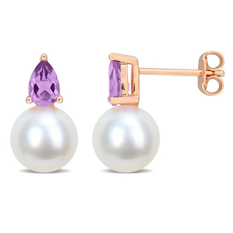 Julianna B Pink Plated Sterling Silver Amethyst & 8.5-9MM Pearl Earrings