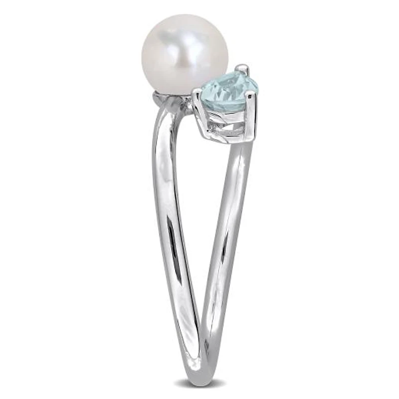 Julianna B Sterling Silver Aquamarine & 6-6.5MM Pearl Ring
