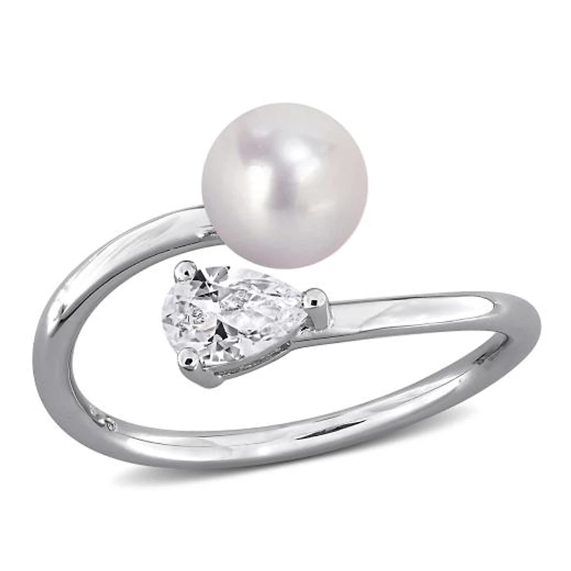 Julianna B Sterling Silver Created White Sapphire & 6-6.5mm Pearl Ring